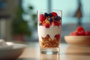 stratificato bacca Yogurt parfait con muesli ai generato foto