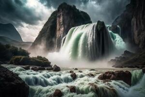 incantata Cinese paesaggio maestoso montagne, a cascata cascate, e mistico grotte ai generato foto