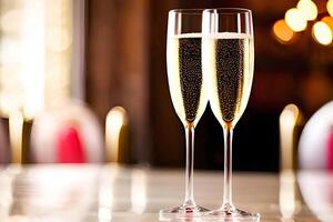 Due bicchieri di Champagne su un' tavolo nel un' ristorante, vicino su. generativo ai foto