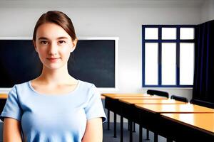 bellissimo giovane donna alunno nel aula. generativo ai. foto