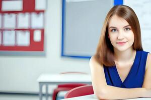 bellissimo giovane donna alunno nel aula. generativo ai. foto