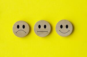 felice, triste e neutro emoticon facce su di legno cerchio con giallo sfondo coperchio. cliente feedback, soddisfazione e valutazione concetto foto