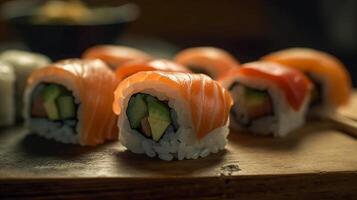 vicino su di giapponese Sushi cibo. ai generativo foto