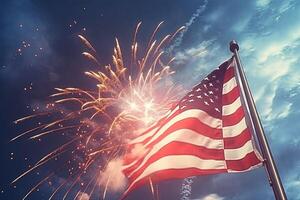 patriottico spirito di il unito stato, un americano bandiera dispiegato contro sfondo di fuochi d'artificio festeggiare indipendenza giorno. generativo ai tecnologia. foto