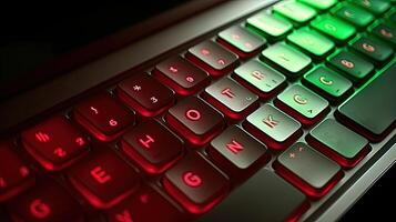 rosso e verde raggiante tastiera luce, avvicinamento. digitale tecnologia generativo ai. foto