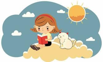 carino ragazza personaggio lettura un' libro vicino gatto seduta, nuvole su sole blu e bianca sfondo. foto
