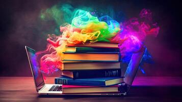 un' pila di libri sedersi su il computer portatile e astratto colorato Fumo struttura. e-learning concetto, creato di generativo ai tecnologia. foto