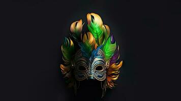 3d rendere di multicolore fantasia piuma maschera su nero sfondo e copia spazio. foto