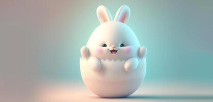 3d rendere di carino soffice paffuto coniglietto personaggio dentro metà uovo su lucido pendenza sfondo. contento Pasqua giorno concetto. foto