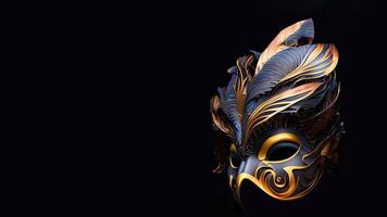 3d rendere, lato Visualizza di attraente carnevale maschera su nero sfondo. foto