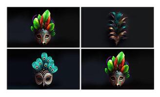 collezione di multicolore fantasia maschera con piume su nero sfondo. carnevale concetto. foto