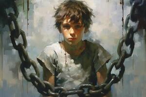 un' pittura di adolescente ragazzo limite nel catena. generativo ai. foto
