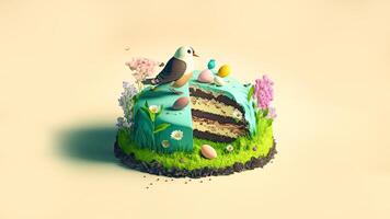 3d rendere di natura torta decorativo con carino uccello carattere, uova e fiori. foto