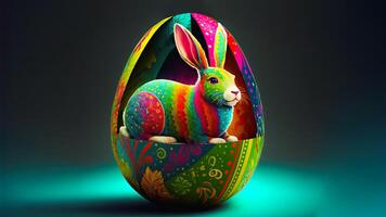 3d rendere di colorato coniglio personaggio seduta dentro uovo contro alzavola sfondo e copia spazio. contento Pasqua giorno concetto. foto