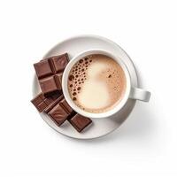 un' tazza caldo cioccolato e cioccolato bar su bianca sfondo. ai generato foto