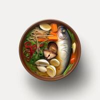 pesce fango la minestra coreano cibo e mung fagiolo germogli, ravanello verdi, dolce Patata. ai generato foto