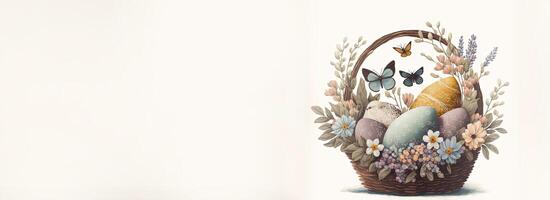 illustrazione di farfalla con uccello personaggi con uovo dentro floreale cestino contro cosmico latte macchiato sfondo e copia spazio. contento Pasqua giorno concetto. foto