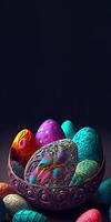 colorato floreale Pasqua uova cestino su buio sfondo e copia spazio. contento Pasqua giorno verticale modello o standee manifesto design. foto