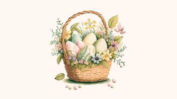 Vintage ▾ stile colorato stampato uova dentro floreale cestino e copia spazio. Pasqua concetto. foto