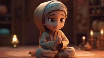 adorabile disney stile cartone animato di musulmano ragazzo personaggio indossare hijab. eid mubarak concetto. generativo ai. foto