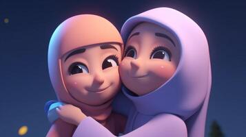 disney stile, adorabile musulmano ragazze personaggio indossare hijab nel abbracciare posa, eid mubarak concetto. generativo ai. foto