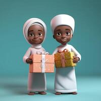 adorabile disney stile cartone animato di tradizionale africano musulmano bambini personaggi Tenere regalo scatola. eid mubarak concetto, generativo ai. foto