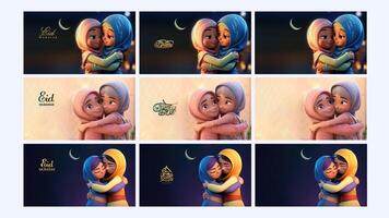 impostato di eid mubarak bandiera design con carino musulmano ragazza personaggio abbracciare insieme. foto