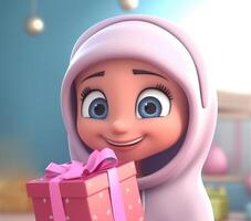 adorabile disney stile avatar di allegro musulmano ragazza indossare hijab con regalo scatola, eid mubarak concetto, generativo ai. foto