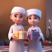 adorabile musulmano ragazzi personaggio Tenere regalo scatole. eid mubarak concetto, generativo ai. foto
