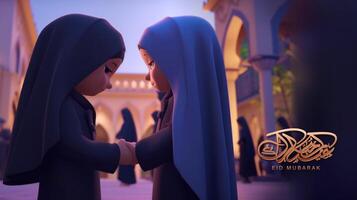 adorabile cartone animato avatar di arabo ragazze desiderando ogni Altro, moschea sfondo per eid mubarak concetto, generativo ai. foto