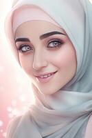 attraente bellissimo musulmano giovane ragazza personaggio indossare hijab foulard, generativo ai. foto