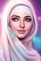 attraente bellissimo musulmano giovane ragazza personaggio indossare hijab foulard, generativo ai. foto