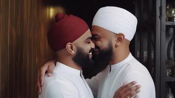 contento Due musulmano uomini indossare cranio berretto e tradizionale kurta nel abbracciare posa a il camera. generativo ai illustrazione. foto