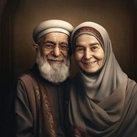 realistico ritratto di vecchio musulmano inglese coppia indossare tradizionale abbigliamento, generativo ai. foto