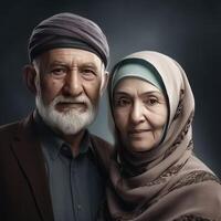realistico ritratto di vecchio musulmano inglese coppia indossare tradizionale abbigliamento, generativo ai. foto