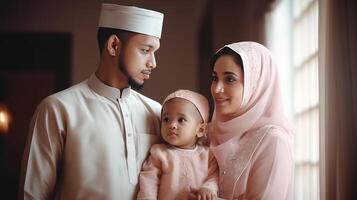 avvicinamento di musulmano famiglia indossare tradizionale abbigliamento durante eid celebrazione, generativo ai. foto