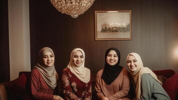 bellissimo quattro musulmano donne indossare velo a lettino divano, eid celebrazione, generativo ai. foto
