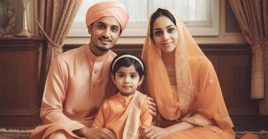realistico ritratto di musulmano famiglia indossare tradizionale abbigliamento durante eid celebrazione, generativo ai. foto