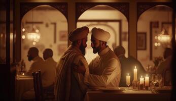 realistico ritratto di arabo uomini abbracciare e desiderando ogni altro nel seduta posa durante eid celebrazione. generativo ai. foto