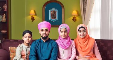 realistico ritratto di contento musulmano famiglia indossare tradizionale abbigliamento durante eid celebrazione, generativo ai. foto