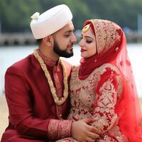 romantico indiano musulmano nozze coppia carattere, generativo ai digitale illustrazione. foto