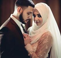 amorevole giovane musulmano coppia personaggio durante cerimonia generativo ai. foto