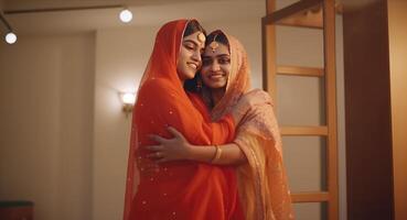 Due musulmano donne indossare tradizionale lehenga e chunni nel abbracciare posa durante eid celebrazione. generativo ai foto