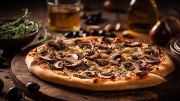 appena al forno fungo e oliva Pizza con ingredienti su rustico di legno tavolo. cucinando fotografia generativo ai. foto