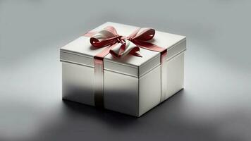 3d rendere di grigio regalo scatola con seta arco nastro e copia spazio. foto