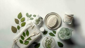superiore Visualizza di ayurvedico trattamento o terme ingredienti con le foglie e vaso su grigio sfondo. 3d resa. foto
