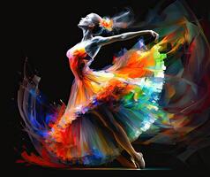 balletto ballerino spruzzo colorato illustrazione, nero sfondo con copia spazio. generativo ai foto