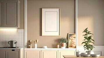 lussuoso, moderno contemporaneo beige parete cucina, minimalista design con vuoto foto telaio. generativo ai digitale illustrazione.