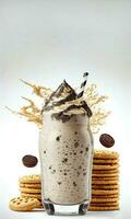 delizioso biscotti cremoso frappè nel un' bicchiere con cioccolato biscotto e frustato crema, biscotti su bianca sfondo. cibo e bevande concetto. ai-generativo, digitale illustrazione. foto