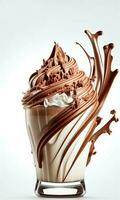 delizioso cioccolato e nocciola frullato o shake nel un' bicchiere con cioccolato pezzi su bianca sfondo. cibo e bevande concetto. ai-generativo, digitale illustrazione. foto